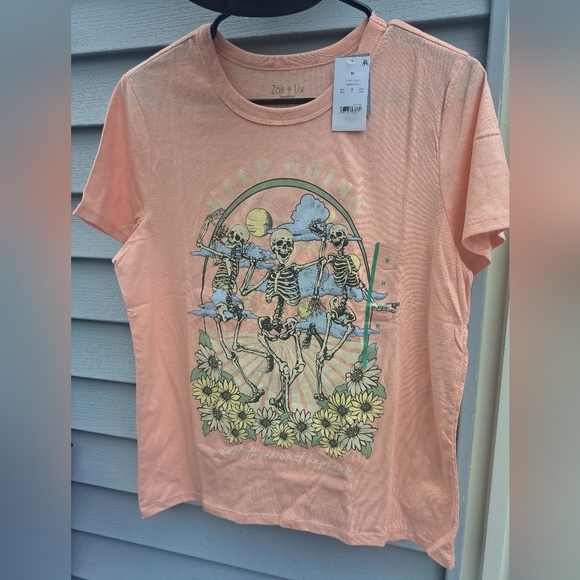Zoe + Liv Skeleton Keep Going Peach SOFT T-shirt!  SZ Meduim #NEW - Picture 3 of 6
